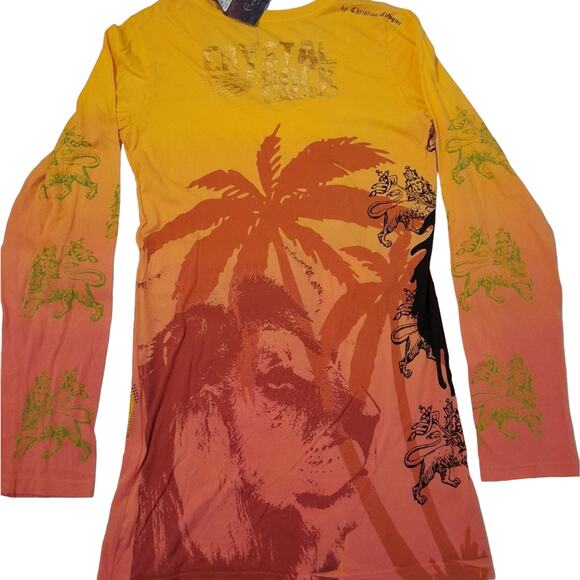 Christian Audigier Crystal Rock Jamaica Peace Top Women L Y2Kstyle Y2K Hippy - Picture 2 of 12